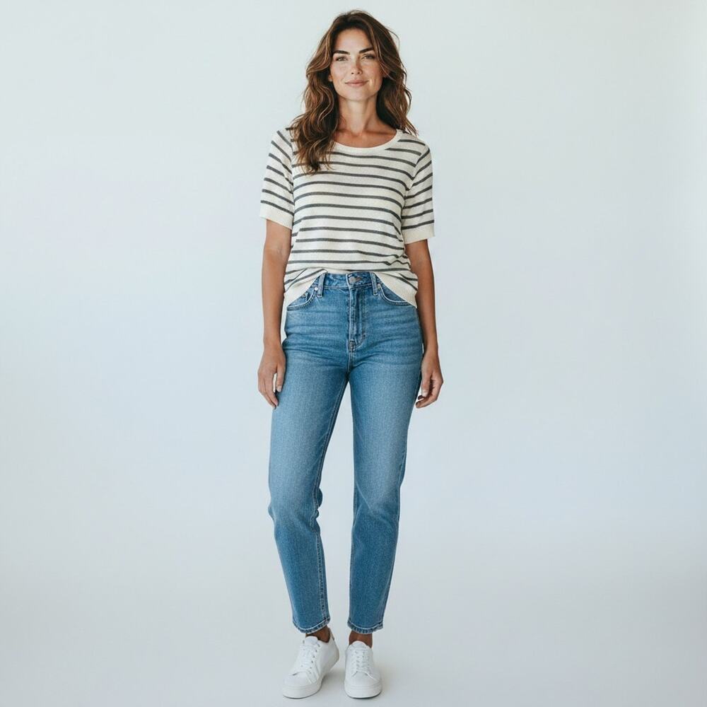 NWT Soya Concept Ivory Green Striped Short Sleeve Sweater XS Scandi Linen Blend